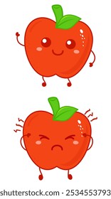 Cute sad and smiling happy apple fruit. modern cartoon character illustration icon design