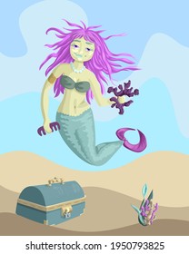 A cute sad smirking mermaid girl with pink hair, coral and hair comb in her hands. Undersea world with siren, pirate box of treasures and seaweeds on a sea bottom.