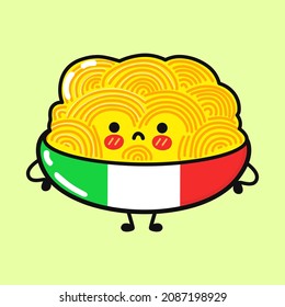 Cute sad Spaghetti character. Vector hand drawn cartoon kawaii character illustration icon. Isolated on blue background. Spaghetti character concept