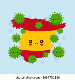 Cute sad Spain attacked coronavirus infection.Vector flat style cartoon character illustration