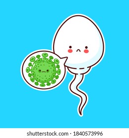 Célula de esperma triste lindo con virus en la burbuja del habla. Dibujo de línea plana vectorial kawaii icono de ilustración de personaje. Concepto de esperma enfermo