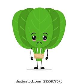 Caracter de espinaca triste. Divertido e infeliz emoticono de dibujos animados de verduras en estilo plano. ilustración de vector alimentario