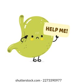 Cute sad stomach asks for help character. Vector hand drawn cartoon kawaii character illustration icon. Isolated on white background. Suffering unhealthy stomach character concept