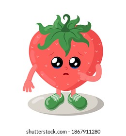 Cute sad strawberry with big eyes and tears. Colorful kawaii fruit emoticon with pitying look. Isolated vector illustration.