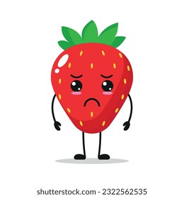 Cute sad strawberry character. Funny unhappy strawberry cartoon emoticon in flat style. Fruit emoji vector illustration