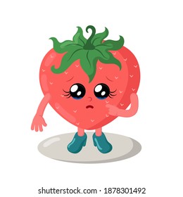 Cute sad strawberry in high heels with big eyes and tears. Colorful kawaii fruit emoticon with pitying look. Isolated vector illustration.	