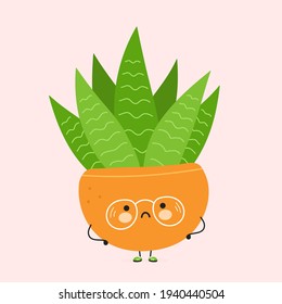 Cute sad Succulent in a pot  character. Vector hand drawn cartoon kawaii character illustration icon. Succulent in a pot character concept