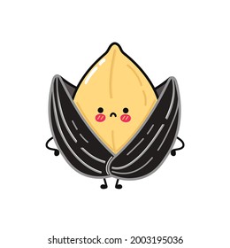 Cute sad Sunflower seed character. Vector hand drawn cartoon kawaii character illustration icon. Isolated on white background. Sunflower seed character concept