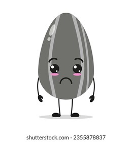 Cute sad sunflower seed. Funny unhappy food cartoon emoticon in flat style. nut vector illustration