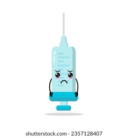 Cute sad syringe character. Funny unhappy medication cartoon emoticon in flat style. injection vector illustration