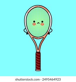 Cute sad Tennis racquet character. Vector hand drawn cartoon kawaii character illustration icon. Isolated on blue background. Angry cute Tennis racquet character concept