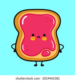 Cute sad toast with jam character. Vector hand drawn cartoon kawaii character illustration icon. Isolated on blue background. Toast with jam character concept