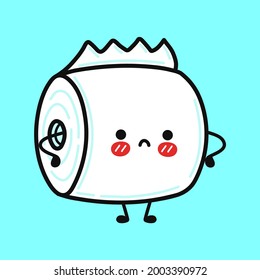 Cute sad toilet paper character. Vector hand drawn cartoon kawaii character illustration icon. Isolated on blue background. Toilet paper character concept