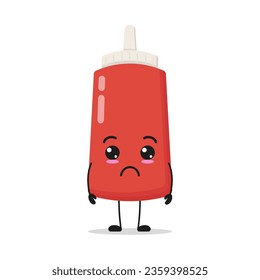 Cute sad tomato sauce bottle character. Funny unhappy food cartoon emoticon in flat style. tomato sauce bottle emoji vector illustration