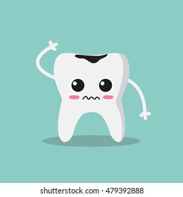 Cute and sad tooth with a caries. Vector illustration.