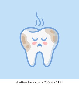 A cute, sad tooth character in a coffee coating, created in kawaii style. This flat design vector illustration is perfect for stickers, books, or as a design element, ideal for medical brochures.