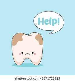 A cute sad tooth with spots on the enamel is asking for help. The concept of child hygiene and dentistry. Oral care.