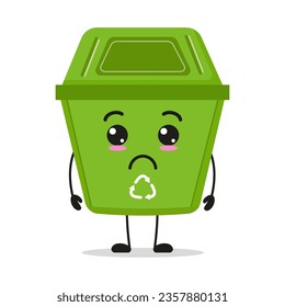 Carácter de cubo de basura triste. Divertido e infeliz emoticono de dibujos animados de basura en estilo plano. ilustración vectorial de emoticonos de desperdicio