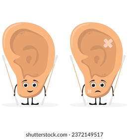Cute sad unhealthy sick human ear holding cotton  ear sticks. Ear mascot