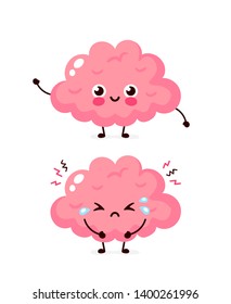 Cute sad unhealthy sick and strong healthy smiling happy brain. Vector modern cartoon character illustration icon design.Isolated on white background.Brain problem concept