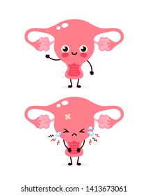 Cute Sad Unhealthy Sick Vs Healthy Happy Uterus,cervix Women Organ.Vector Cartoon Character Illustration Icon.Woman Uterus Cancer,ovary,cervix Problem,ovaries,menstruation,pregnancy Pain,sick Concept