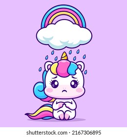 Cute Sad Unicorn Sitting Under Rain Cloud With Rainbow Cartoon Vector Icon Illustration. Animal Nature Icon Concept Isolated Premium Vector. Flat Cartoon Style