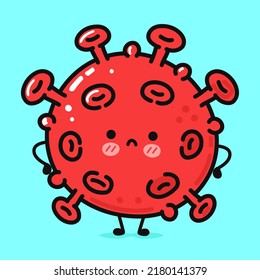 Cute sad virus character. Vector hand drawn cartoon kawaii character illustration icon. Isolated on blue background. Angry cute virus character concept