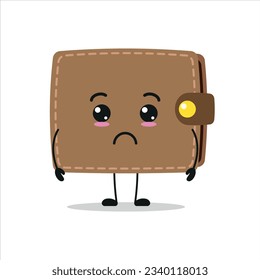 Carácter de cartera triste. Divertido e infeliz emoticono de caricatura en estilo plano. ilustración de vector de emoticonos financieros