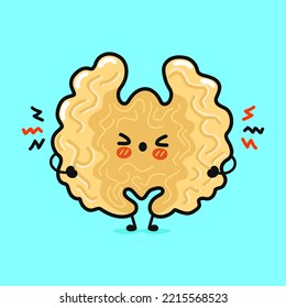 Cute sad walnut character. Vector hand drawn cartoon kawaii character illustration icon. Isolated on yellow background. Angry cute walnut character concept