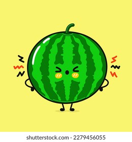 Cute sad watermelon character. Vector hand drawn cartoon kawaii character illustration icon. Isolated on yellow background. Angry watermelon character concept