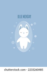 Cute sad white rabbit in a transparent capsule on a blue monday day