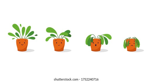 Cute sad wilted plant in a pot. Stages of withering, abandoned and scared houseplant without watering and care. Potted plant dying. Vector illustration