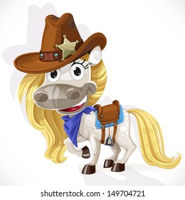 Cute saddled white Horse in a cowboy hat