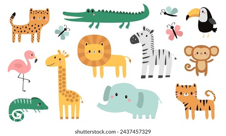 Cute Safari African zoo animal set. Cartoon alligator, crocodile giraffe, iguana, zebra, elephant, cheetah, flamingo bird, lion monkey, tiger, toucan butterfly. Flat design White background Vector