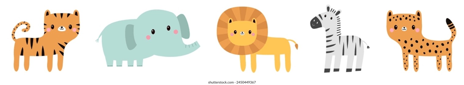 Cute Safari African zoo animal set line. Cartoon kawaii tiger, elephant, zebra, cheetah. Funny character. Childish style. Educational banner. Flat design White background Isolated. Vector illustration