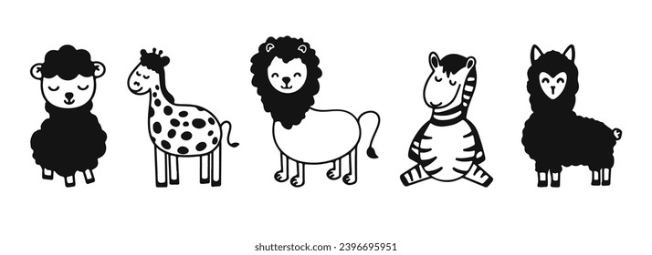 Cute safari animal. Cute baby safari animal face vector illustration. Set of animals in cartoon power. The set includes a tiger, lion, giraffe, zebra, alpaca, lamb. Petting zoo.