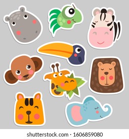 Cute Safari Animal Faces in flat style isolated vector illustration. Decorative safari collection. Cartoon childish vector safari animals face set. African giraffe, elephant, hippo, monkey, tiger and