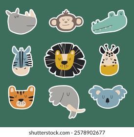 Cute safari animal faces set of stickers with outlining. Hand drawn children's illustrations with animals.