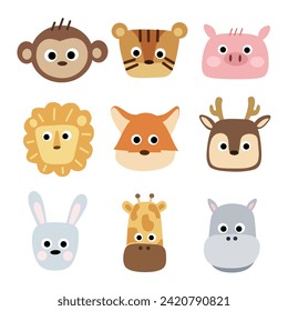 Cute safari animal faces vector illustration. The set includes a tiger, lion, pig, giraffe, rabbit, hippo, deer,fox and monkey.For childern education,stiker and template
