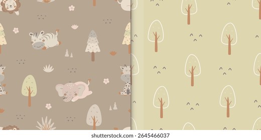 Cute safari animal and forest seamless pattern. Lion, elephant, zebra and giraffe background. For wallpaper, print, wrapping paper, fabric, kids fashion, baby apparel