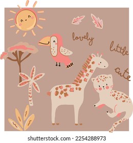 Cute safari animal giraffe leopard toucan tree sun tiny graphic tee design for kids market as vector
