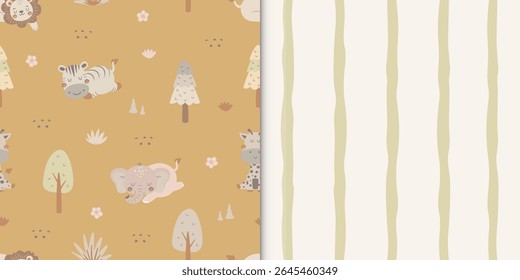 Cute safari animal pattern. Seamless animal, forest and striped pattern. Wildlife background. For wallpaper, print, wrapping paper, fabric, kids fashion, baby apparel