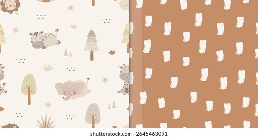 Cute safari animal pattern. Seamless animal, forest and brush pattern. Lion, elephant, zebra and giraffe background. For wallpaper, print, wrapping paper, fabric, kids fashion, baby apparel