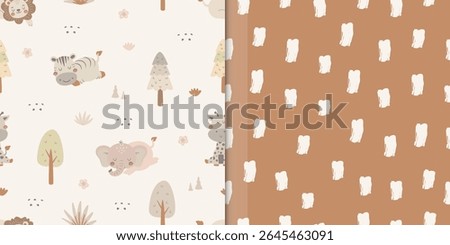 Cute safari animal pattern. Seamless animal, forest and brush pattern. Lion, elephant, zebra and giraffe background. For wallpaper, print, wrapping paper, fabric, kids fashion, baby apparel