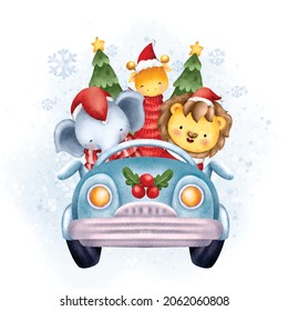 Cute safari animal riding blue car