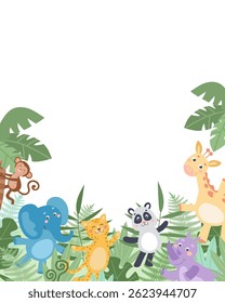 Cute safari animals banner on white background. Hand-drawn vector illustration in flat style.