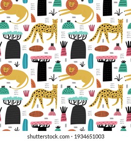 Cute safari animals and baobab trees seamless pattern. Hand drawn cartoon lion and leopard, african plants and abstract doodle drawings on white background. Flat wild cats textile vector print design
