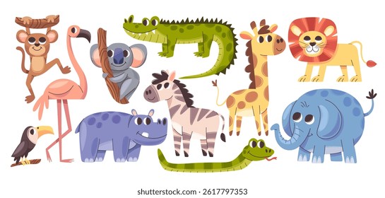 Cute safari animals and birds cartoon baby characters kids nursery design elements isolated set