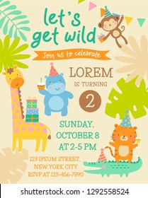 Cute safari animals cartoon illustration for kids party invitation card template.