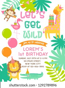 Cute safari animals cartoon illustration for kids party invitation card template.
